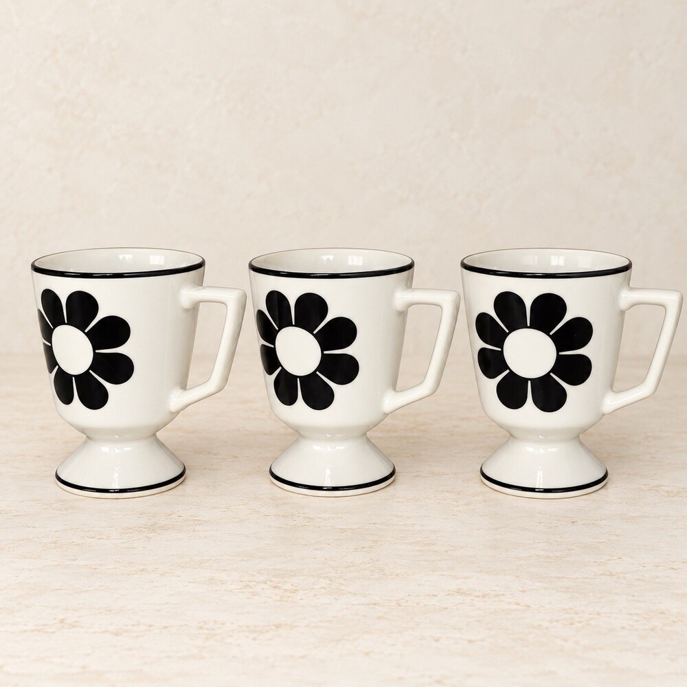 Set of 3 Black Daisy Pedestal Coffee Mugs White Footed Retro Floral Cups